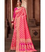 Pink woven blended silk banarasi saree with blouse