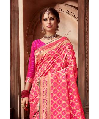 Pink woven blended silk banarasi saree with blouse 3
