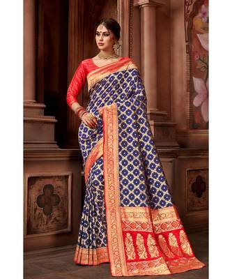 Navy Blue woven blended silk banarasi saree with blouse 1