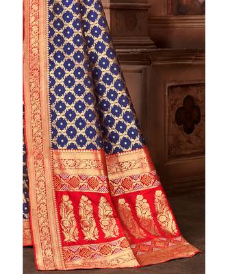 Navy Blue woven blended silk banarasi saree with blouse 2