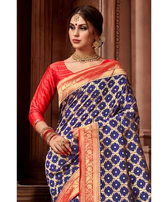 Navy Blue woven blended silk banarasi saree with blouse 3