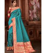 Blue woven blended silk banarasi saree with blouse