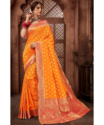 orange woven blended silk banarasi saree with blouse 1