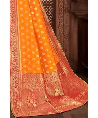 orange woven blended silk banarasi saree with blouse 2