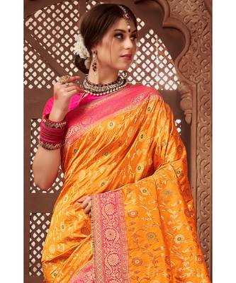 orange woven blended silk banarasi saree with blouse 3