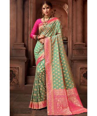 Green woven blended silk banarasi saree with blouse 1