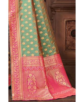 Green woven blended silk banarasi saree with blouse 2