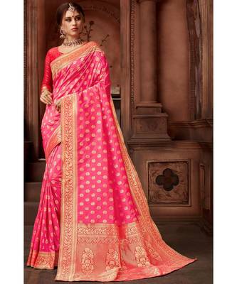 Pink woven blended silk banarasi saree with blouse 1