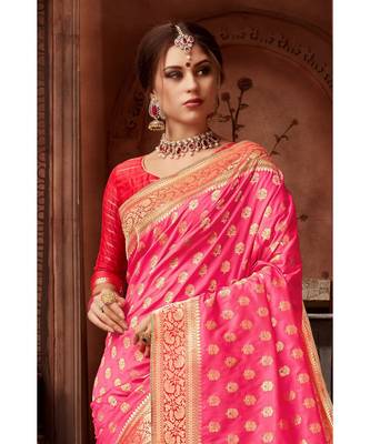 Pink woven blended silk banarasi saree with blouse 3