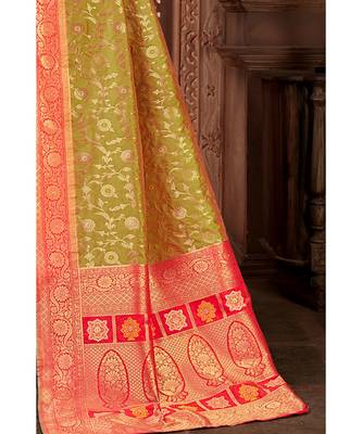 Green woven blended silk banarasi saree with blouse 2
