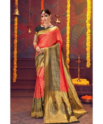 Red woven blended silk kanjivaram saree with blouse 1
