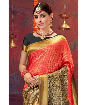 Red woven blended silk kanjivaram saree with blouse 2