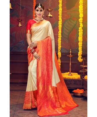 Off-white woven blended silk kanjivaram saree with blouse 1