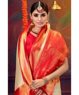 Off-white woven blended silk kanjivaram saree with blouse 2