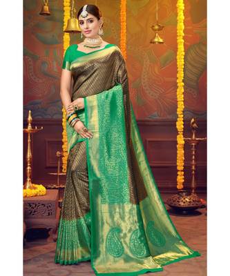 Brown woven blended silk kanjivaram saree with blouse 1