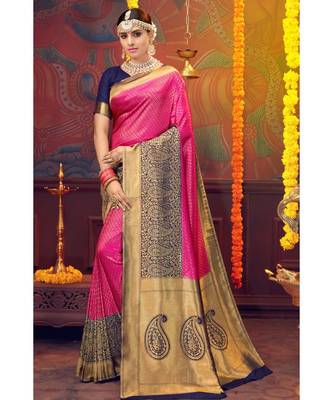 Pink woven blended silk kanjivaram saree with blouse 1