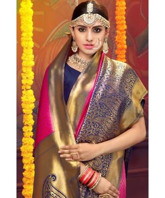 Pink woven blended silk kanjivaram saree with blouse 2