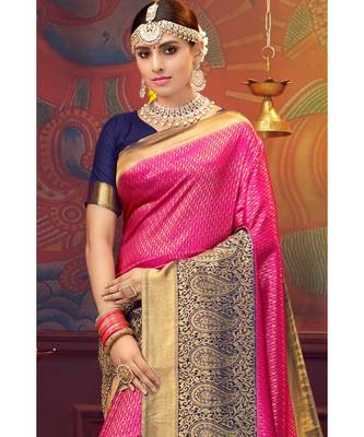Pink woven blended silk kanjivaram saree with blouse 3
