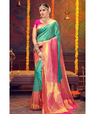 Teal woven blended silk kanjivaram saree with blouse 1