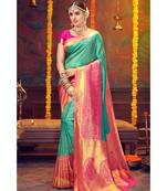Teal woven blended silk kanjivaram saree with blouse