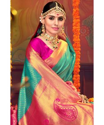 Teal woven blended silk kanjivaram saree with blouse 2