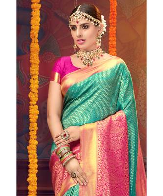 Teal woven blended silk kanjivaram saree with blouse 3