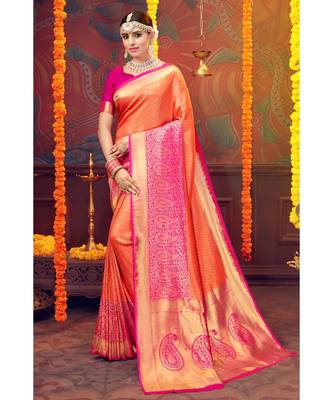 orange woven blended silk kanjivaram saree with blouse 1