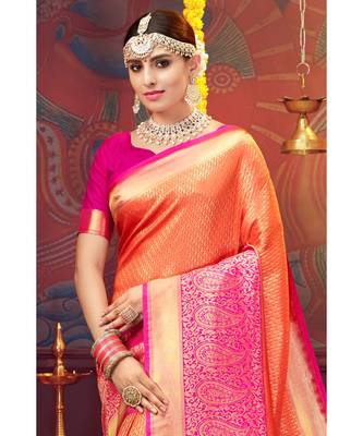 orange woven blended silk kanjivaram saree with blouse 2