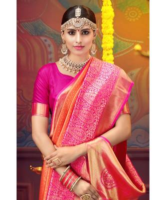 orange woven blended silk kanjivaram saree with blouse 3