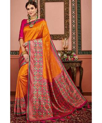 orange woven blended silk kanjivaram saree with blouse 3