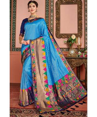 Blue woven blended silk kanjivaram saree with blouse 1