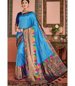 Blue woven blended silk kanjivaram saree with blouse