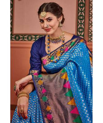 Blue woven blended silk kanjivaram saree with blouse 2