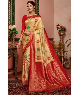 Beige woven blended silk kanjivaram saree with blouse 1