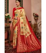Beige woven blended silk kanjivaram saree with blouse