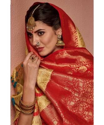 Beige woven blended silk kanjivaram saree with blouse 2