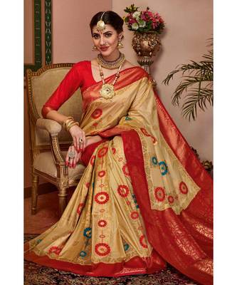 Beige woven blended silk kanjivaram saree with blouse 3