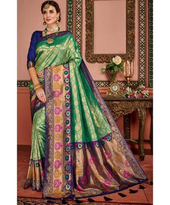 Teal woven blended silk kanjivaram saree with blouse 1