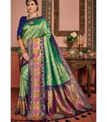 Teal woven blended silk kanjivaram saree with blouse