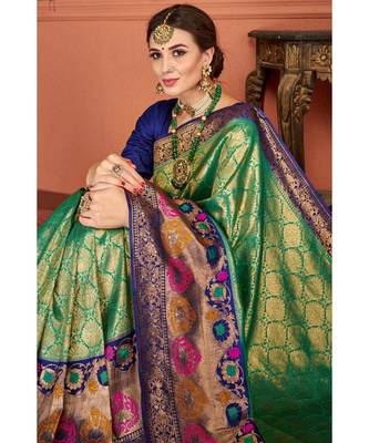 Teal woven blended silk kanjivaram saree with blouse 2