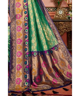 Teal woven blended silk kanjivaram saree with blouse 3