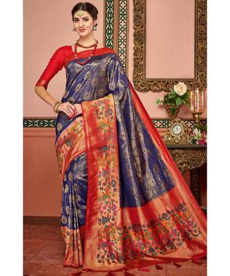 Blue woven blended silk kanjivaram saree with blouse 1