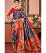 Blue woven blended silk kanjivaram saree with blouse