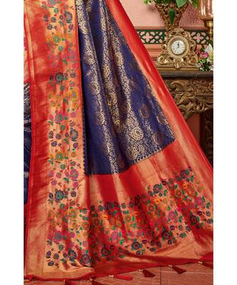 Blue woven blended silk kanjivaram saree with blouse 3