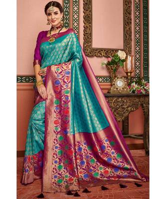 Blue woven blended silk kanjivaram saree with blouse 1