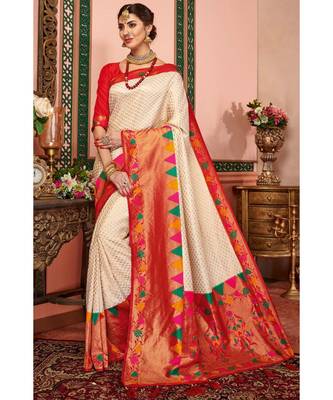 Off-white woven blended silk kanjivaram saree with blouse 1