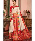 Off-white woven blended silk kanjivaram saree with blouse