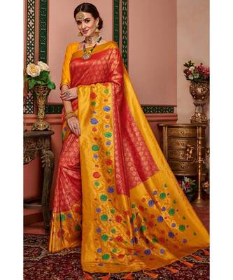 Red woven blended silk kanjivaram saree with blouse 1