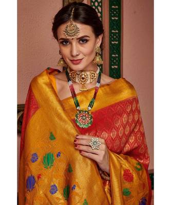 Red woven blended silk kanjivaram saree with blouse 2