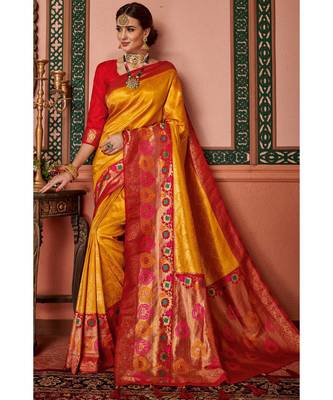 Yellow woven blended silk kanjivaram saree with blouse 1
